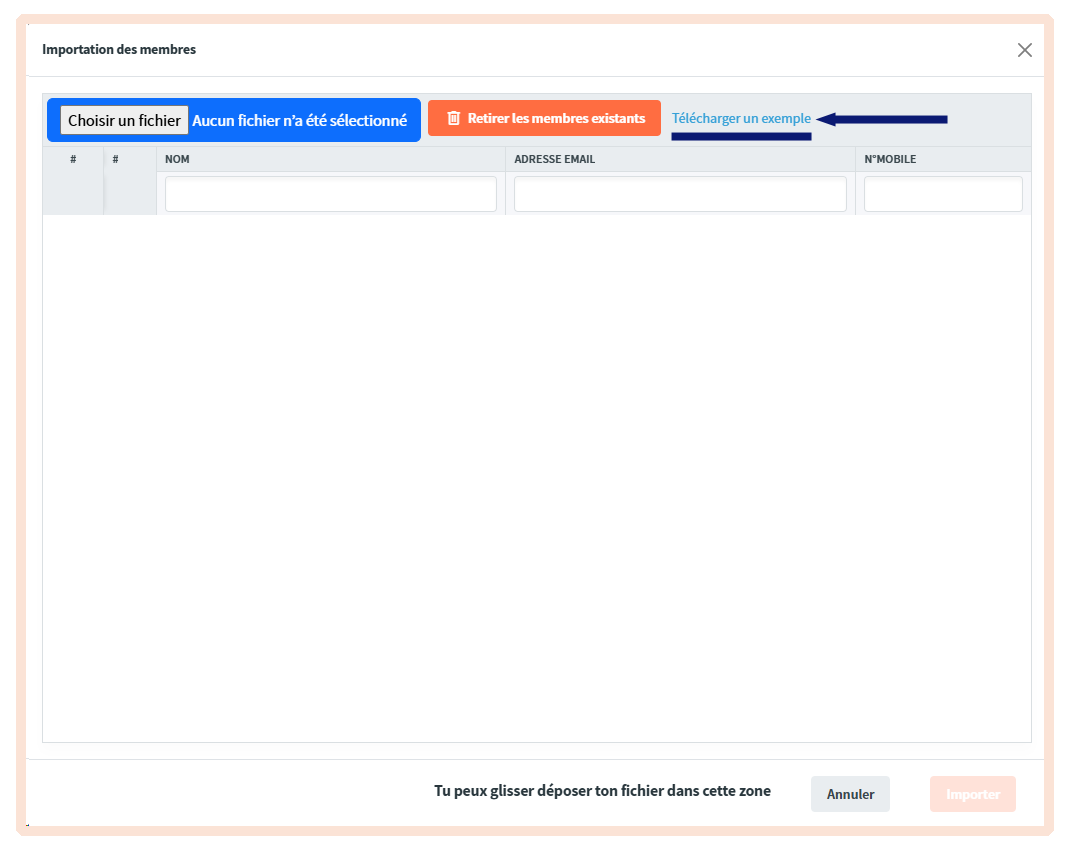 popup importation des membres